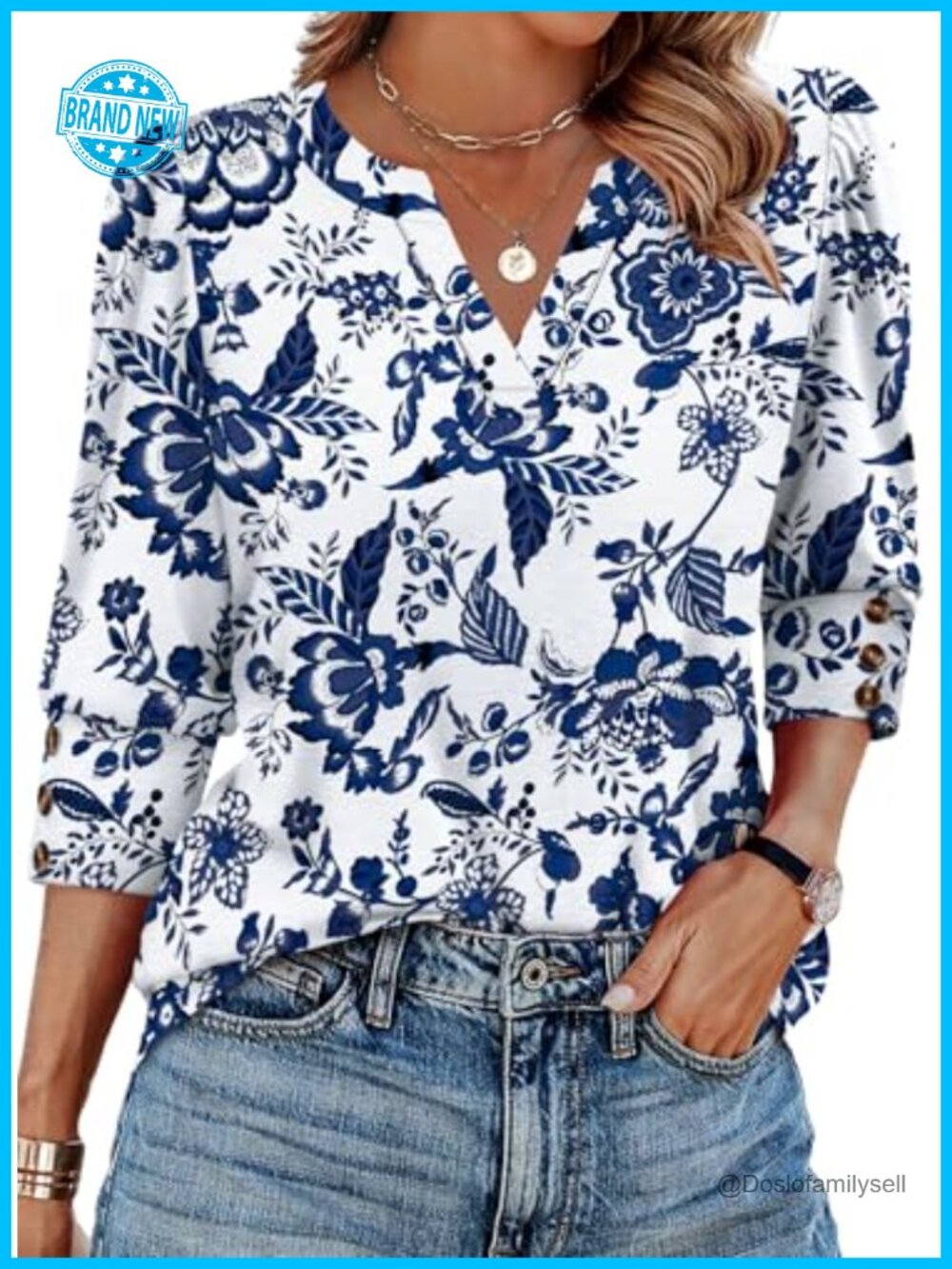 Women's 3/4 Sleeve Blouse V-Neck Button Cuffs Dressy Casual Top